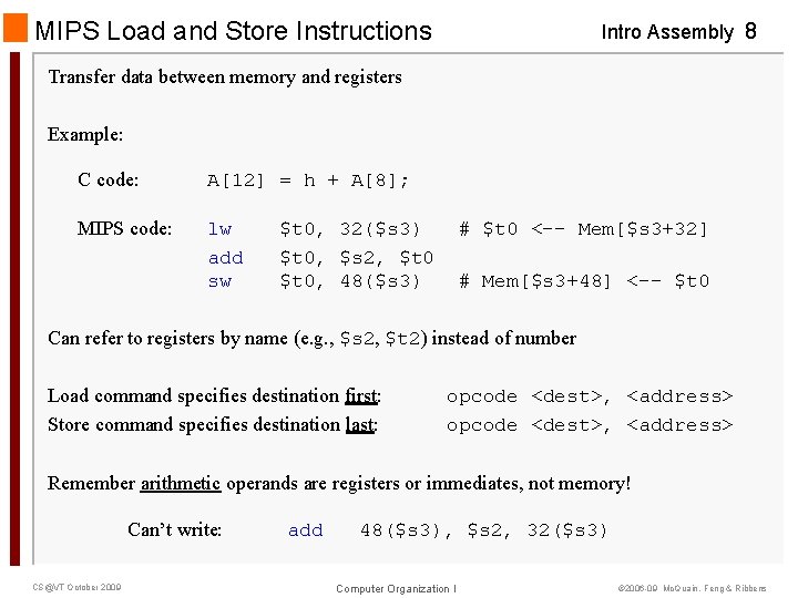 MIPS Load and Store Instructions Intro Assembly 8 Transfer data between memory and registers