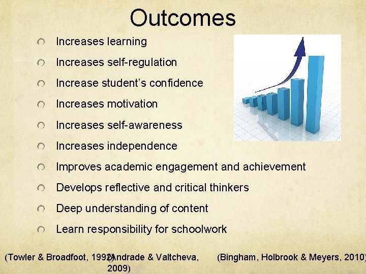 Outcomes Increases learning Increases self-regulation Increase student’s confidence Increases motivation Increases self-awareness Increases independence