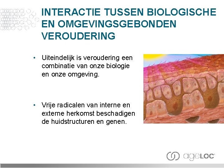 INTERACTIE TUSSEN BIOLOGISCHE EN OMGEVINGSGEBONDEN VEROUDERING • Uiteindelijk is veroudering een combinatie van onze