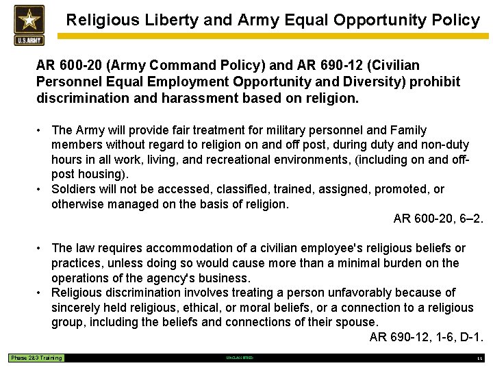 Religious Liberty and Army Equal Opportunity Policy AR 600 -20 (Army Command Policy) and