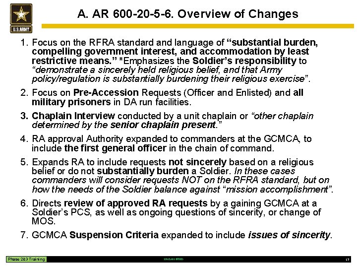 A. AR 600 -20 -5 -6. Overview of Changes 1. Focus on the RFRA