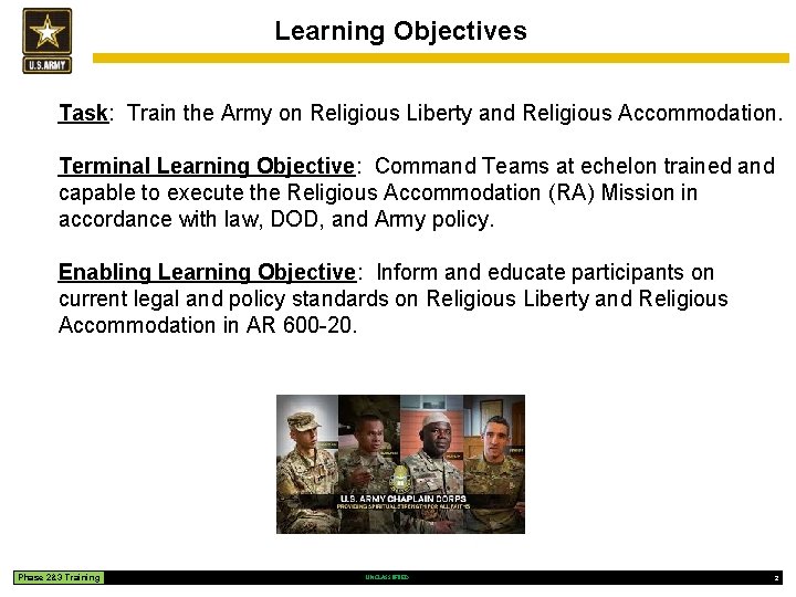 Learning Objectives Task: Train the Army on Religious Liberty and Religious Accommodation. Terminal Learning