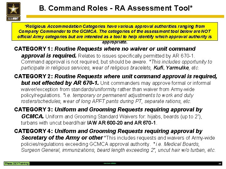B. Command Roles - RA Assessment Tool* *Religious Accommodation Categories have various approval authorities