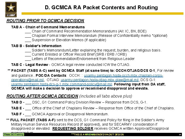 D. GCMCA RA Packet Contents and Routing ROUTING PRIOR TO GCMCA DECISION TAB A