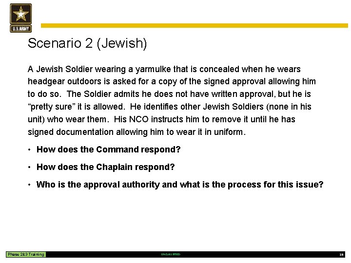 Scenario 2 (Jewish) A Jewish Soldier wearing a yarmulke that is concealed when he