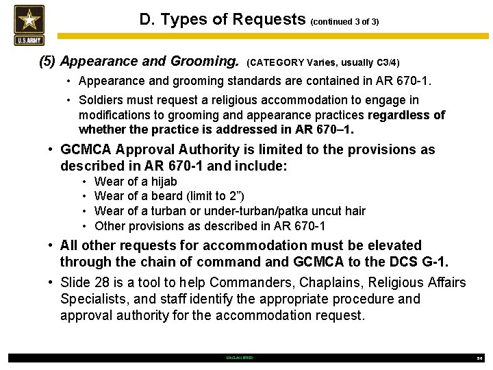 D. Types of Requests (continued 3 of 3) (5) Appearance and Grooming. (CATEGORY Varies,