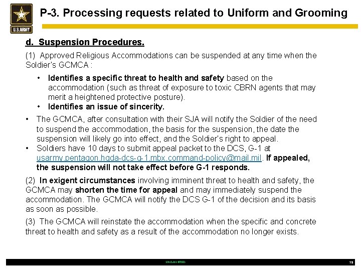 P-3. Processing requests related to Uniform and Grooming d. Suspension Procedures. (1) Approved Religious