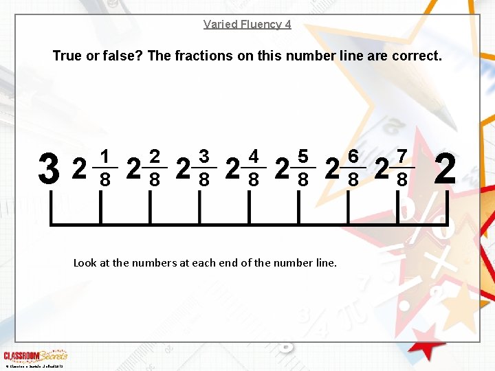 Varied Fluency 4 True or false? The fractions on this number line are correct.