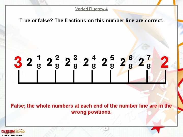 Varied Fluency 4 True or false? The fractions on this number line are correct.