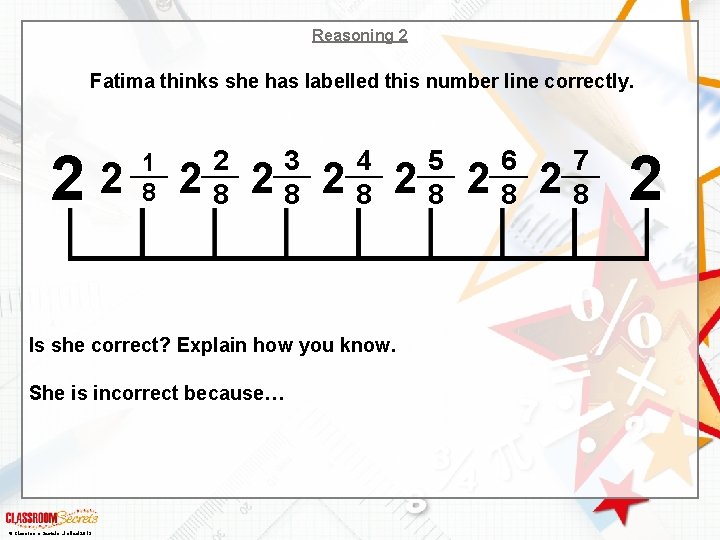 Reasoning 2 Fatima thinks she has labelled this number line correctly. 22 1 8