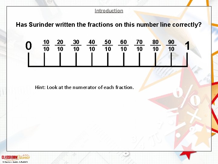 Introduction Has Surinder written the fractions on this number line correctly? 0 10 10