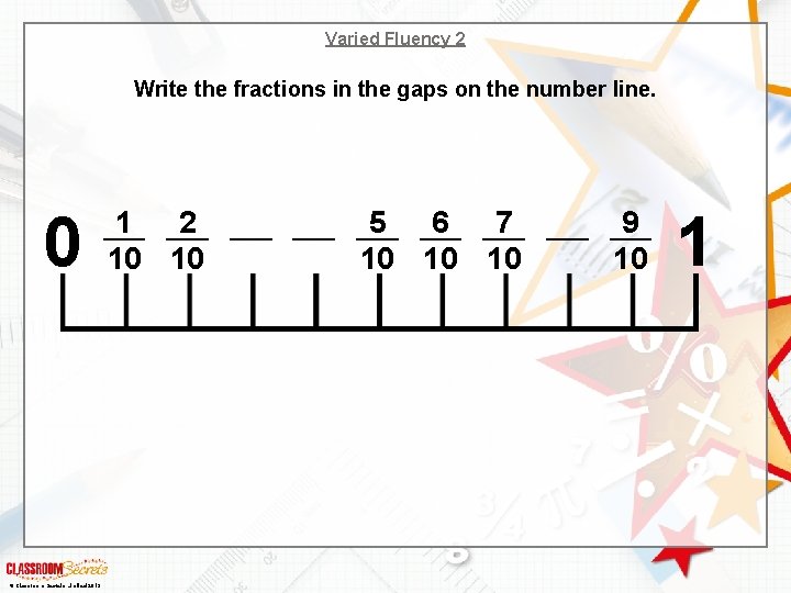 Varied Fluency 2 Write the fractions in the gaps on the number line. 0