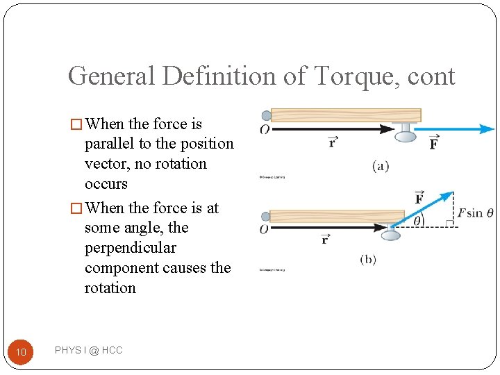 General Definition of Torque, cont � When the force is parallel to the position