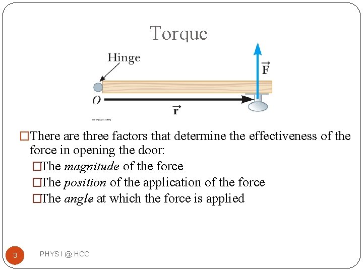 Torque �There are three factors that determine the effectiveness of the force in opening