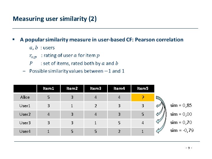Measuring user similarity (2) § Item 1 Item 2 Item 3 Item 4 Item