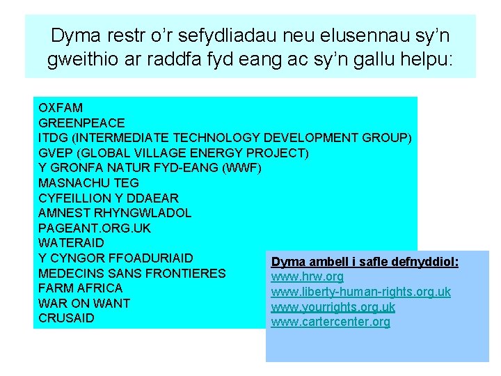 Dyma restr o’r sefydliadau neu elusennau sy’n gweithio ar raddfa fyd eang ac sy’n