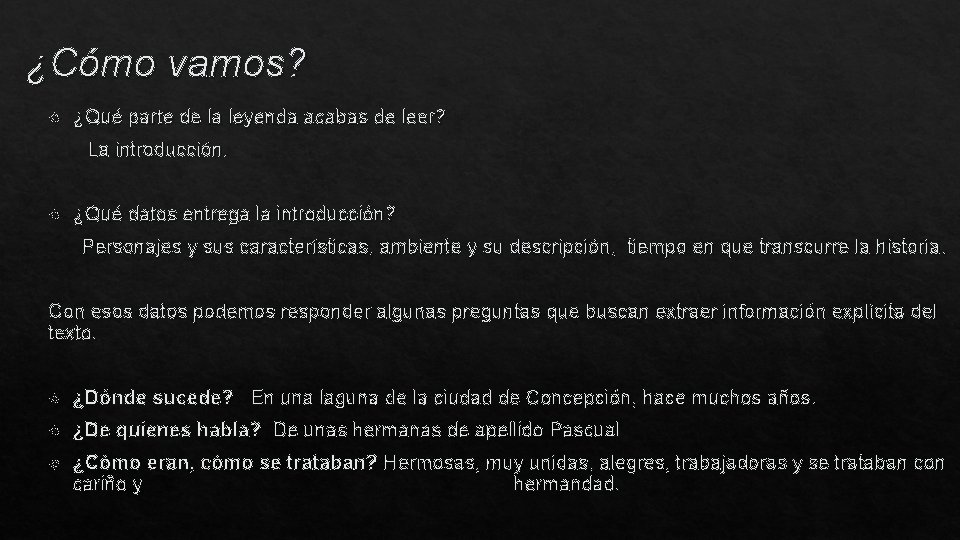 ¿Cómo vamos? ¿Qué parte de la leyenda acabas de leer? La introducción. ¿Qué datos