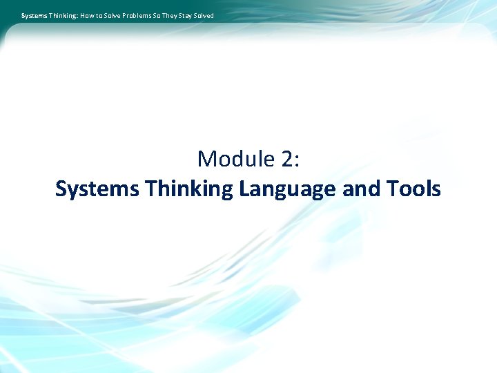 Systems Thinking: How to Solve Problems So They Stay Solved Module 2: Systems Thinking