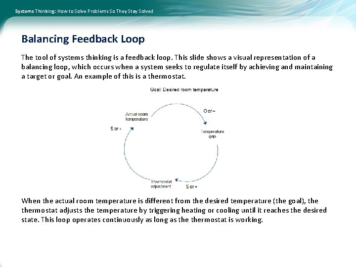Systems Thinking: How to Solve Problems So They Stay Solved Balancing Feedback Loop The