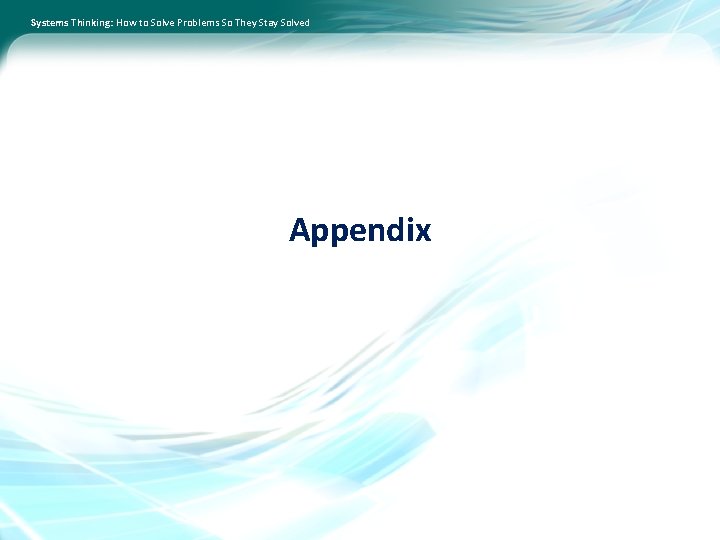 Systems Thinking: How to Solve Problems So They Stay Solved Appendix 