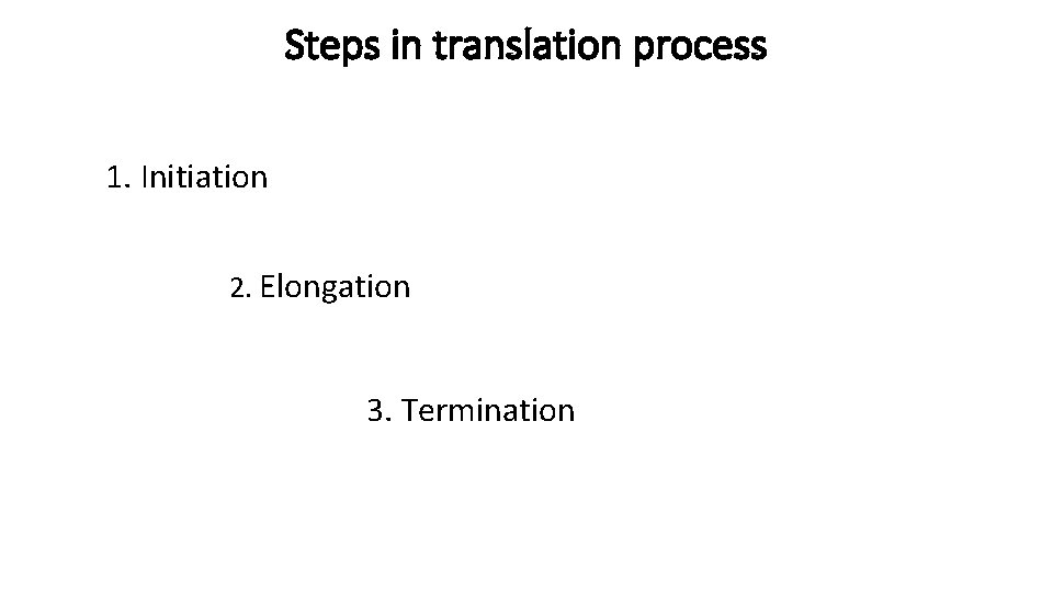 Steps in translation process 1. Initiation 2. Elongation 3. Termination 