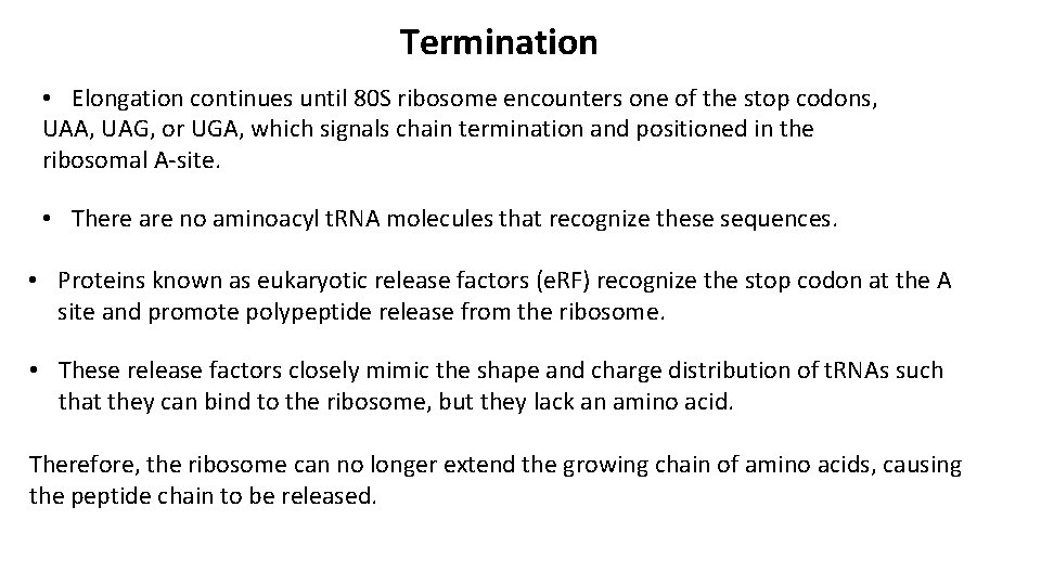 Termination • Elongation continues until 80 S ribosome encounters one of the stop codons,