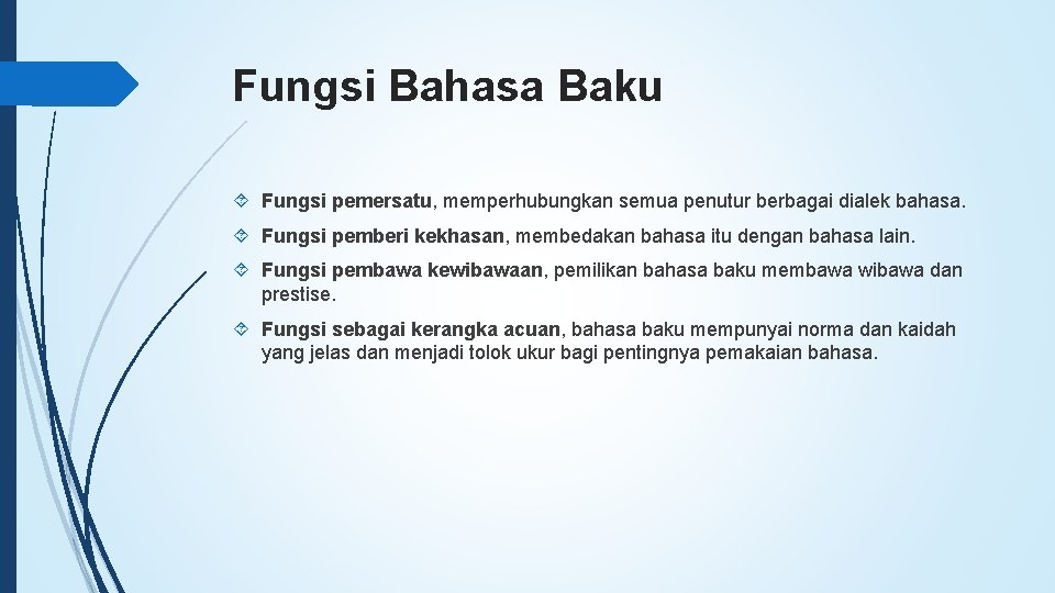 Fungsi Bahasa Baku Fungsi pemersatu, memperhubungkan semua penutur berbagai dialek bahasa. Fungsi pemberi kekhasan,