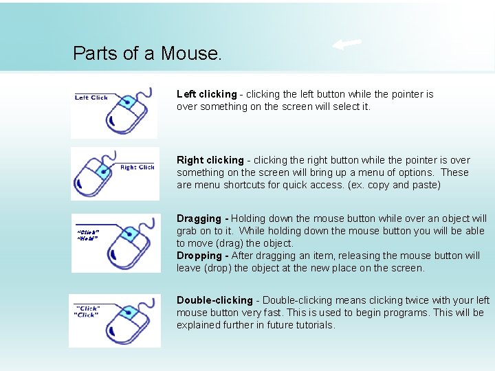 Parts of a Mouse. Left clicking - clicking the left button while the pointer