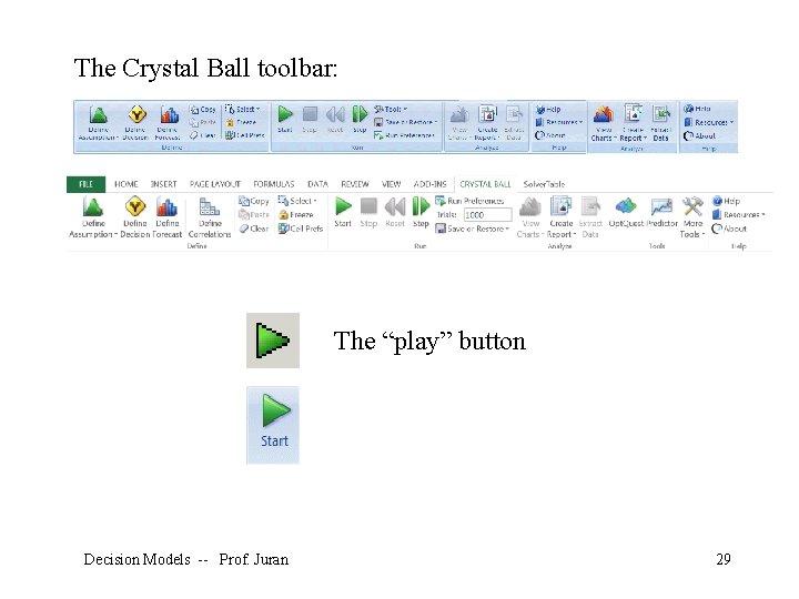 The Crystal Ball toolbar: The “play” button Decision Models -- Prof. Juran 29 