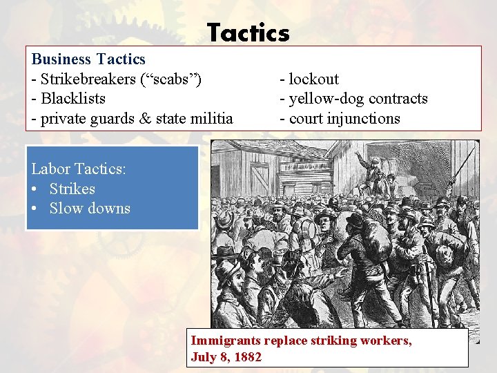 Tactics Business Tactics - Strikebreakers (“scabs”) - Blacklists - private guards & state militia