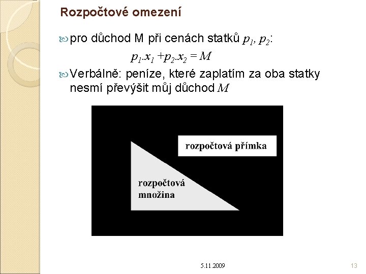 Rozpočtové omezení pro důchod M při cenách statků p 1, p 2: p 1.