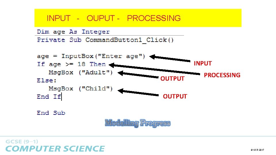 INPUT - OUPUT - PROCESSING INPUT OUTPUT PROCESSING OUTPUT © OCR 2017 