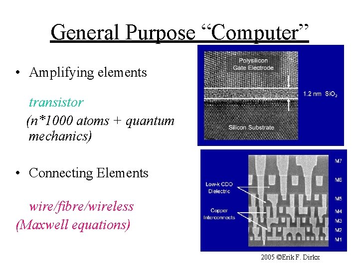 General Purpose “Computer” • Amplifying elements transistor (n*1000 atoms + quantum mechanics) • Connecting