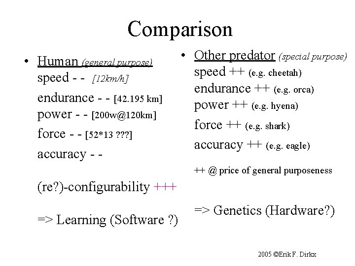 Comparison • Human (general purpose) speed - - [12 km/h] endurance - - [42.