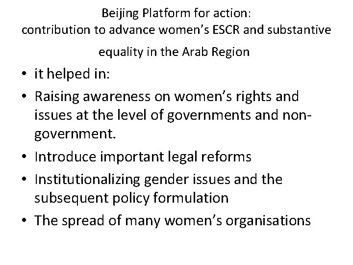 Beijing Platform for action: contribution to advance women’s ESCR and substantive equality in the