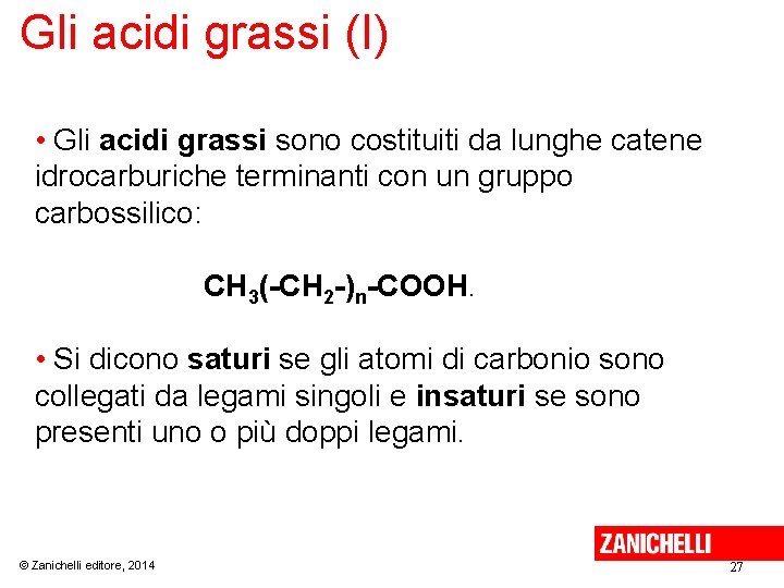 Gli acidi grassi (I) • Gli acidi grassi sono costituiti da lunghe catene idrocarburiche