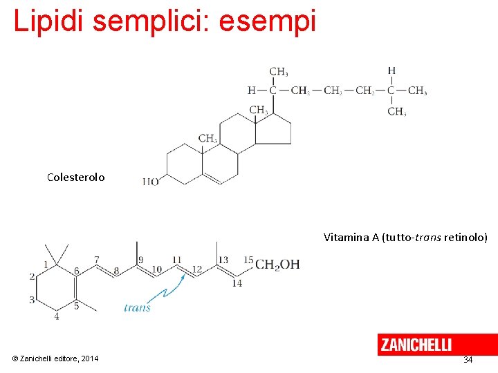 Lipidi semplici: esempi Colesterolo Vitamina A (tutto-trans retinolo) © Zanichelli editore, 2014 34 