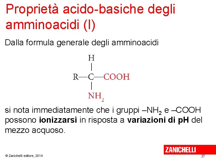 Proprietà acido-basiche degli amminoacidi (I) Dalla formula generale degli amminoacidi si nota immediatamente che