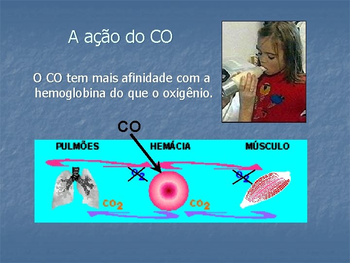 A ação do CO O CO tem mais afinidade com a hemoglobina do que