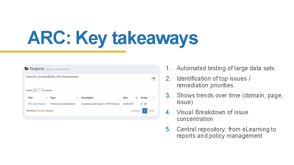 ARC: Key takeaways 1. Automated testing of large data sets. 2. Identification of top