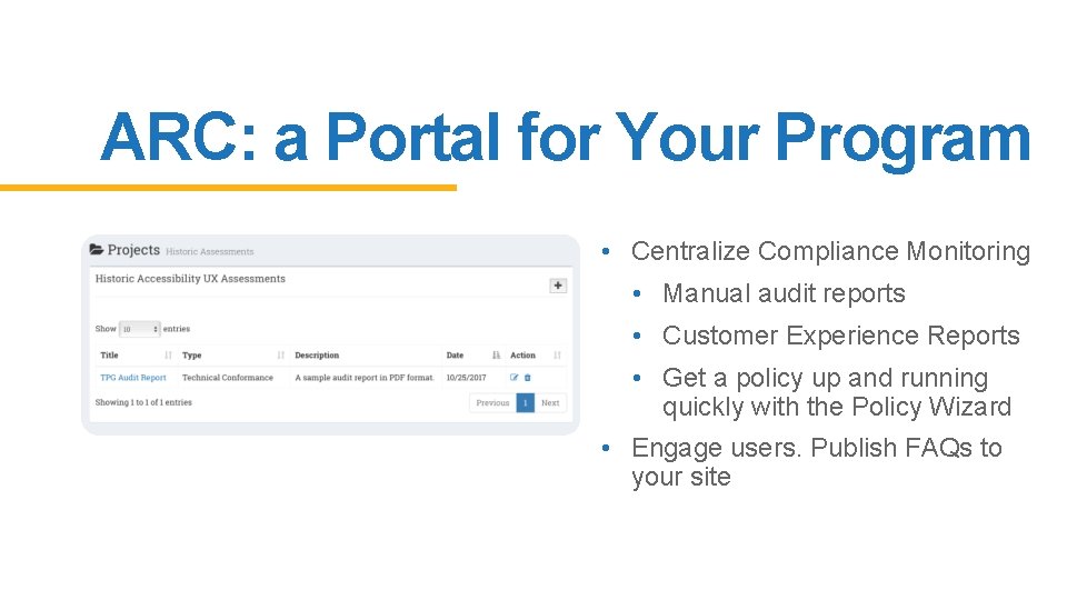 ARC: a Portal for Your Program • Centralize Compliance Monitoring • Manual audit reports