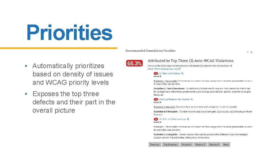 Priorities • Automatically prioritizes based on density of issues and WCAG priority levels •