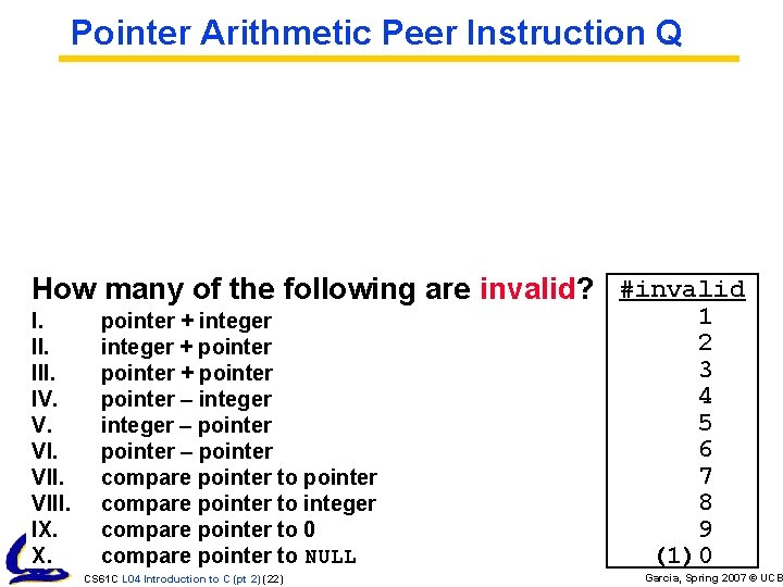 Pointer Arithmetic Peer Instruction Q How many of the following are invalid? #invalid I. Pointer Arithmetic Peer Instruction Q How many of the following are invalid? #invalid I.