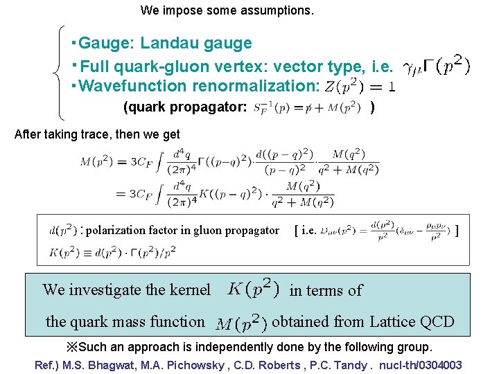 We impose some assumptions. ・Gauge: Landau gauge ・Full quark-gluon vertex: vector type, i. e.