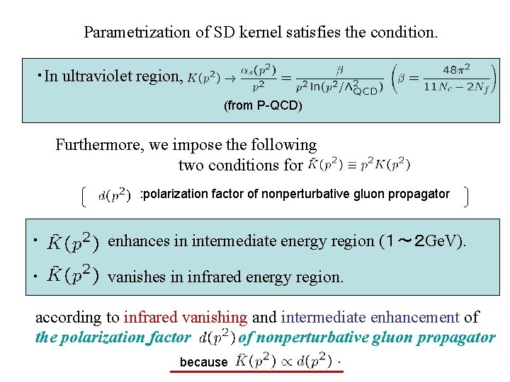 Parametrization of SD kernel satisfies the condition. ・In ultraviolet region, (from P-QCD) Furthermore, we