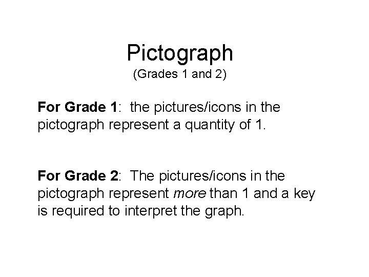 Pictograph (Grades 1 and 2) For Grade 1: the pictures/icons in the pictograph represent