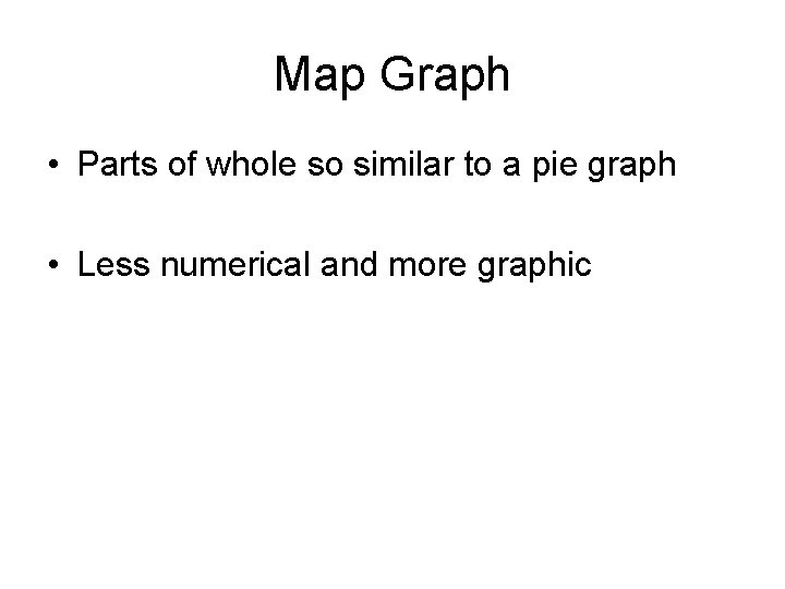 Map Graph • Parts of whole so similar to a pie graph • Less