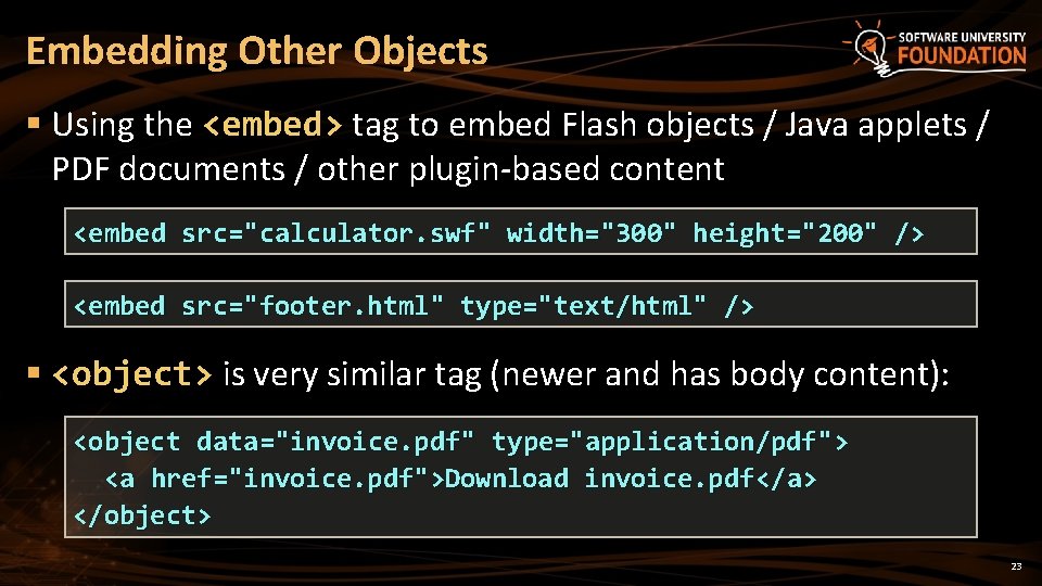 Embedding Other Objects § Using the <embed> tag to embed Flash objects / Java