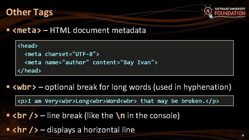 Other Tags § <meta> – HTML document metadata <head> <meta charset="UTF-8"> <meta name="author" content="Bay