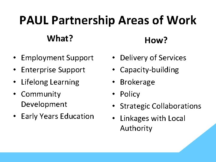 PAUL Partnership Areas of Work What? Employment Support Enterprise Support Lifelong Learning Community Development